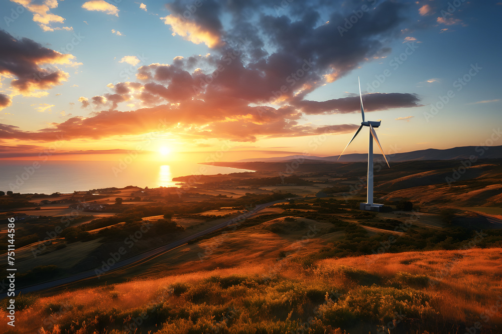 Landscape windmills side sea against an orange evening sunset on background. Panoramic view of wind farm or wind park, with high wind turbines for generating electricity. Green energy concept.
