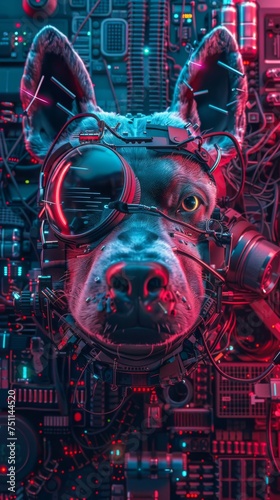 3D detailed vibrant portrait of a dog hacker merging pet charm with cyber technology