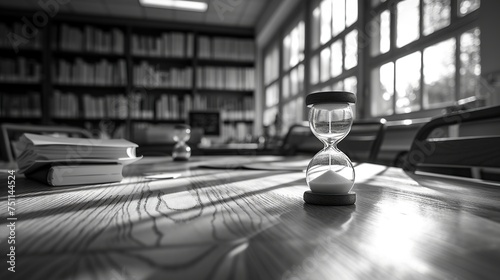 A glass hourglass on a study table, symbolizing managing time wisely for a student photo