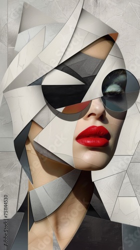 detailed closeup of NeoCubist women mysterious blend of retrofuturism and geometric shapes photo
