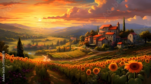 Panoramic view of Tuscany with sunflowers.