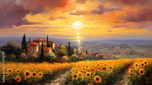 Sunflower field at sunset in Tuscany, Italy. Digital painting