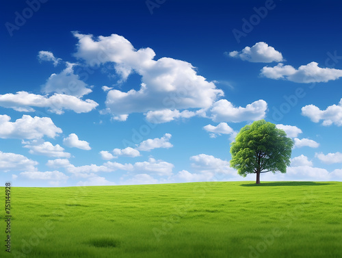 tree on a field and cloudy blue sky