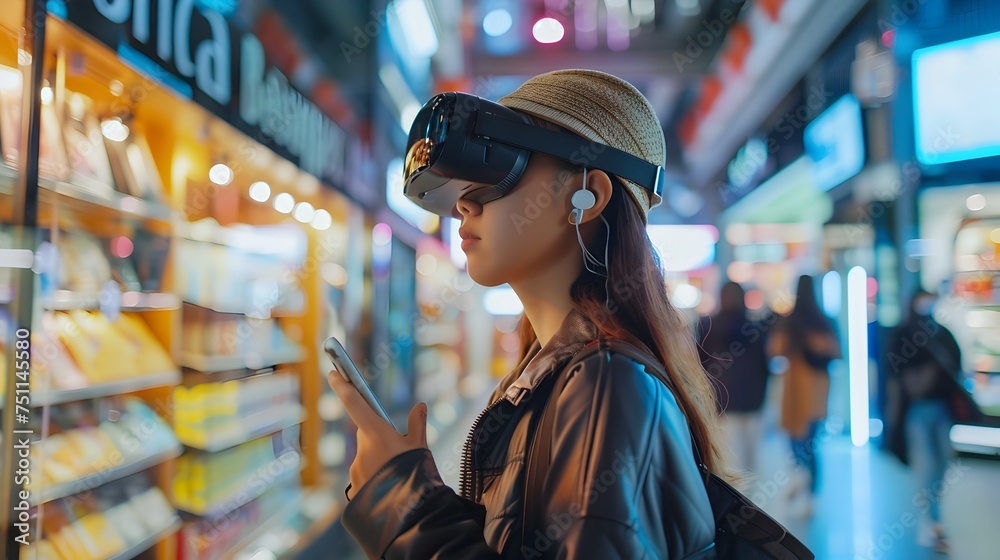 Woman Exploring Virtual Reality in Vibrant Futuristic Cityscape Woman Exploring Virtual Reality in Vibrant Futuristic Cityscape