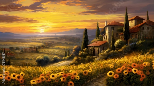 Panorama of Tuscan countryside with sunflowers and village at sunset