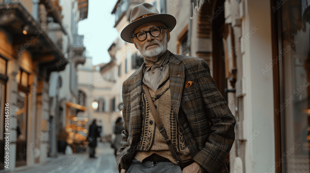 Stylish Senior Man with Hat and Glasses on City Street
