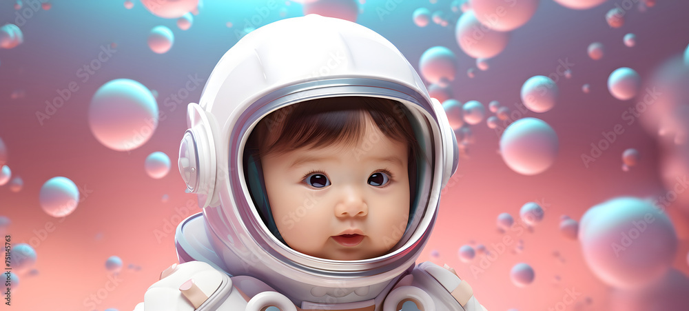 cute baby girl pose in astronaut costume shaped wallpaper design abstract organic colorful background 20:9, ai generative cute baby girl pose in astronaut costume shaped wallpaper design abstract organic colorful background 20:9, ai generative