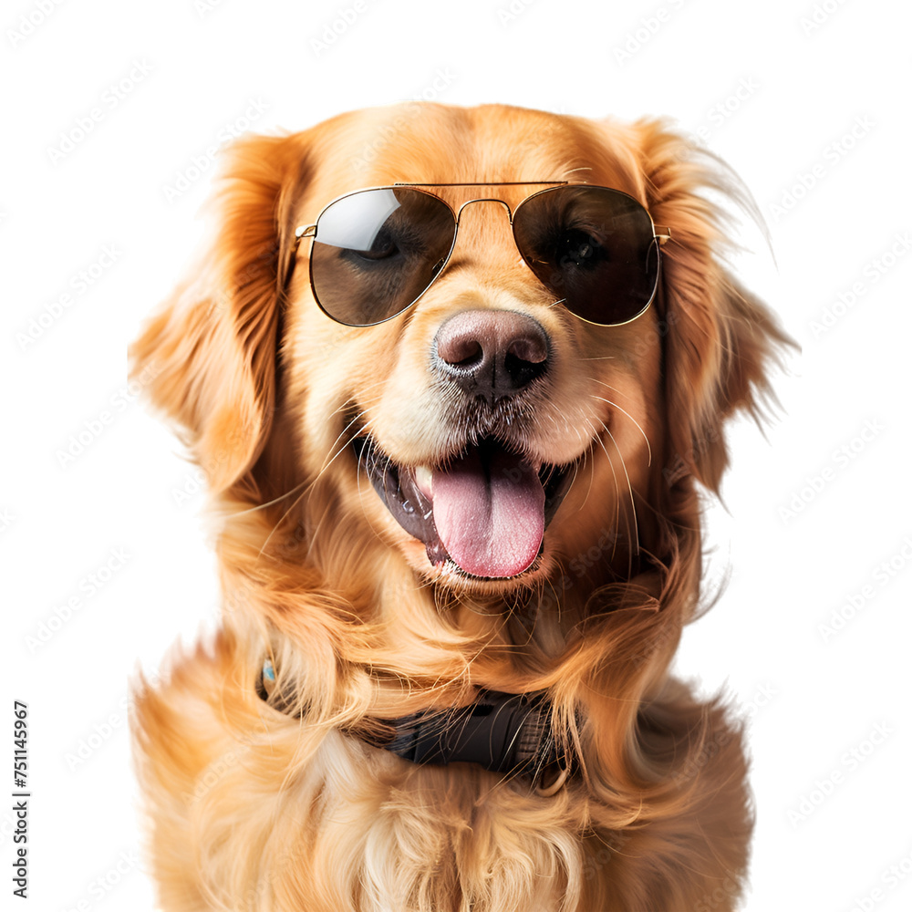 Golden Retriever wearing sunglasses on transparent background