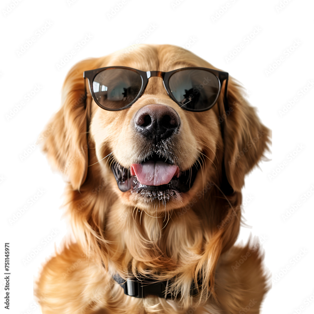 Golden Retriever wearing sunglasses on transparent background