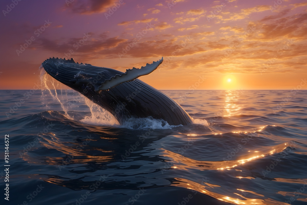 Fototapeta premium A humpback whale jumping the surface of water at sunset
