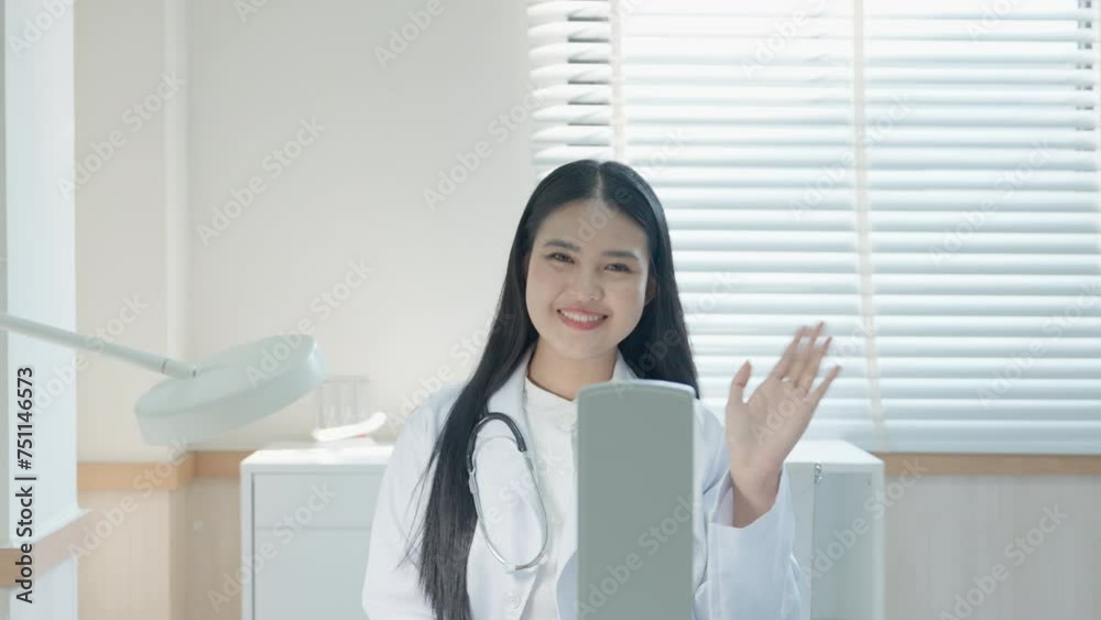 Close up of confident young asia female doctor talk on video call consult in white medical uniform and smiling at hospital, video conference call. medical nurse in Webcam conference with coworkers Close up of confident young asia female doctor talk on video call consult in white medical uniform and smiling at hospital, video conference call. medical nurse in Webcam conference with coworkers