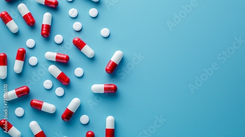 A neatly arranged spread of red and white medication capsules on a vibrant blue surface.