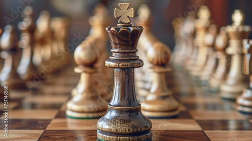 closeup of a king chess piece surrounded by other pieces on a chess board