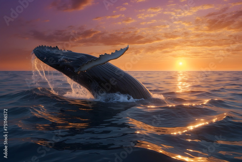 A humpback whale jumping the surface of water at sunset © AungThurein