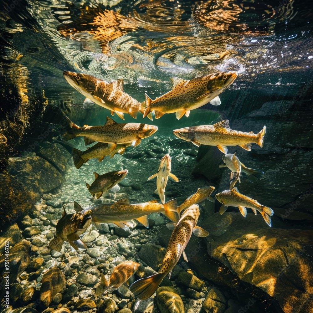 Underwater view of a group of rainbow trout swimming in a cave