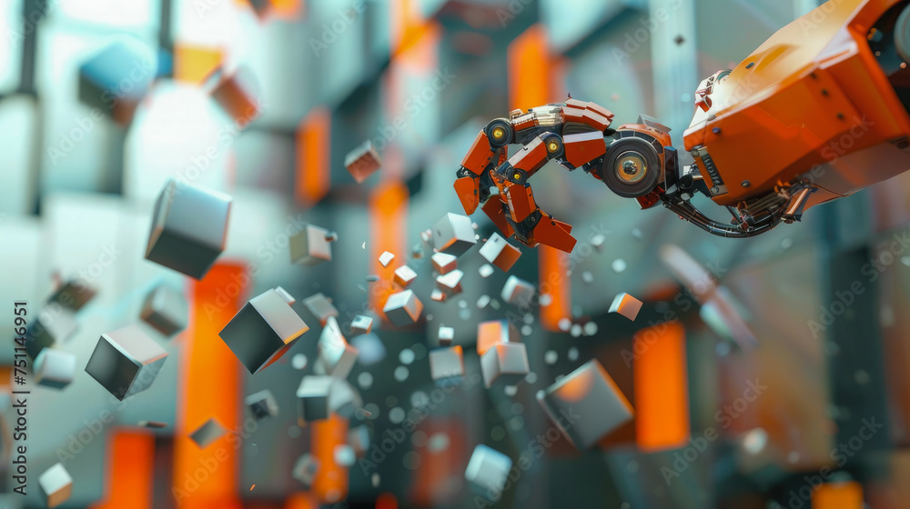 An orange robot hand is holding a geometric lariat in the air. An orange robot hand is holding a geometric lariat in the air.