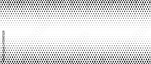 Rhombus gradient halftone texture. Diamond shape dots fading background. Abstract geometric particle vanishing backdrop. Rhomb shape grunge overlay structure. Vector black and white wallpaper