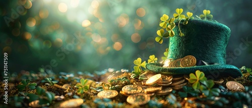Background of a shiny green hat, gold coins, and clover leaves. St. Patrick's Day concept