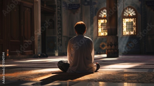 young man in casual clothes sitting in a mosque praying - back view