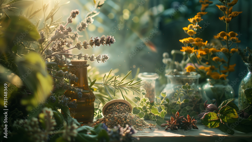 A rich array of herbs and essential oil bottles bask in the enchanting light A rich array of herbs and essential oil bottles bask in the enchanting light