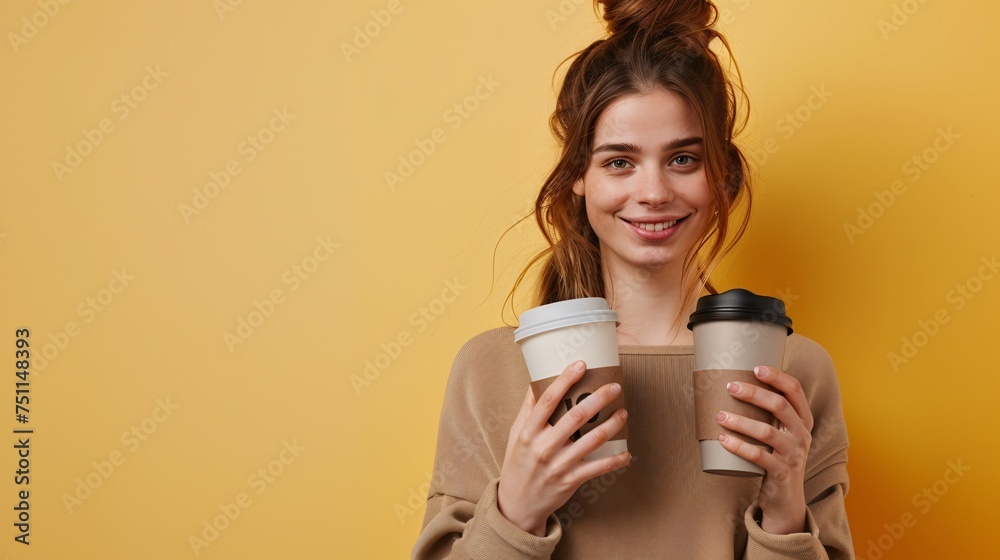 A chic, attractive lady clutching a to-go coffee in a disposable paper cup with a plastic cover, as well as a reusable metal tumbler. Reject plastic, no straw, zero waste. A chic, attractive lady clutching a to-go coffee in a disposable paper cup with a plastic cover, as well as a reusable metal tumbler. Reject plastic, no straw, zero waste.