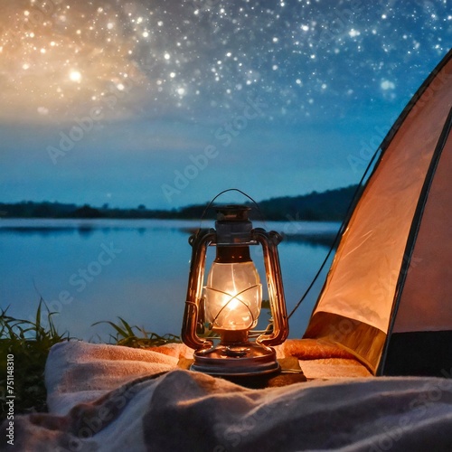 lantern on the beach with tent and stars night