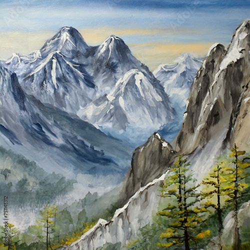 snowy mountains watercolor style