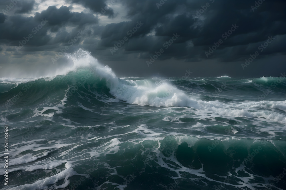 A scene of a stormy sea with rain clouds