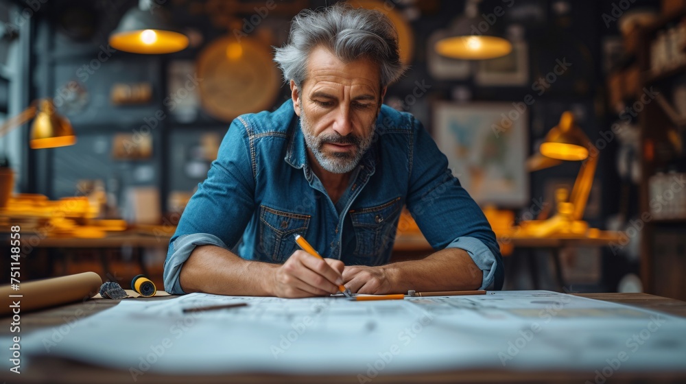 Architect designing on drafting desk in workplace. Architect designing on drafting desk in workplace.