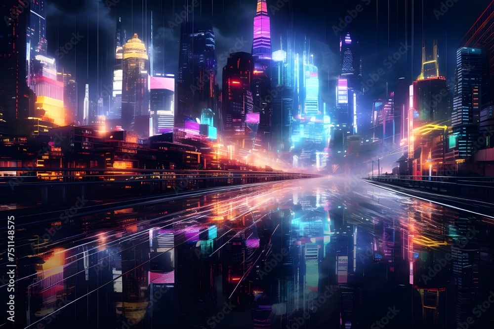 Abstract Neon City Lights: A dynamic shot capturing the neon lights and reflections of a bustling cityscape at night.


