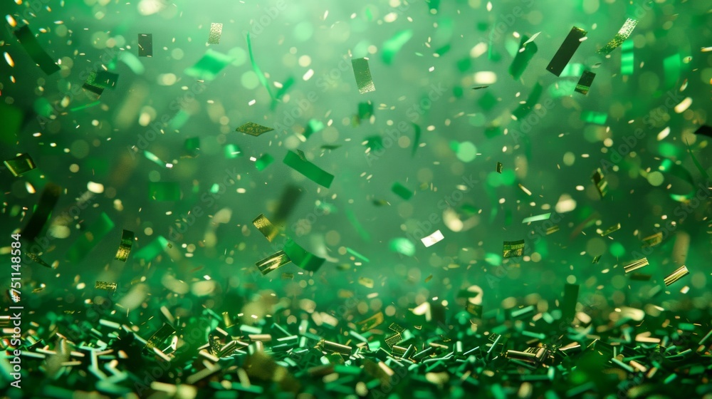 Dark green sparkling glitter particles suspended in air on a festive background with a mystical feel. Dark green sparkling glitter particles suspended in air on a festive background with a mystical feel.
