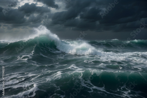 A scene of a stormy sea with rain clouds