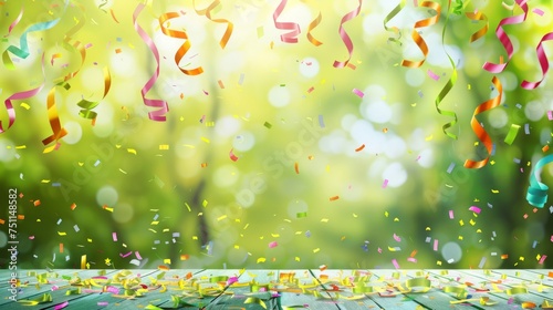 Festive confetti and colorful ribbons falling with a soft green bokeh background, symbolizing celebration.