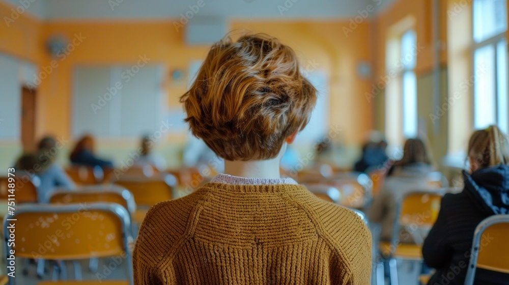 Rear view of a female teacher looking at high school students in a well-lit classroom. Rear view of a female teacher looking at high school students in a well-lit classroom.