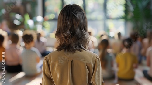 Back view of a female teacher watching over a classroom full of students.