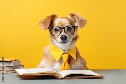 Dog student sitting with open book
