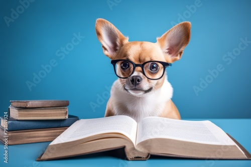 Dog student sitting with open book