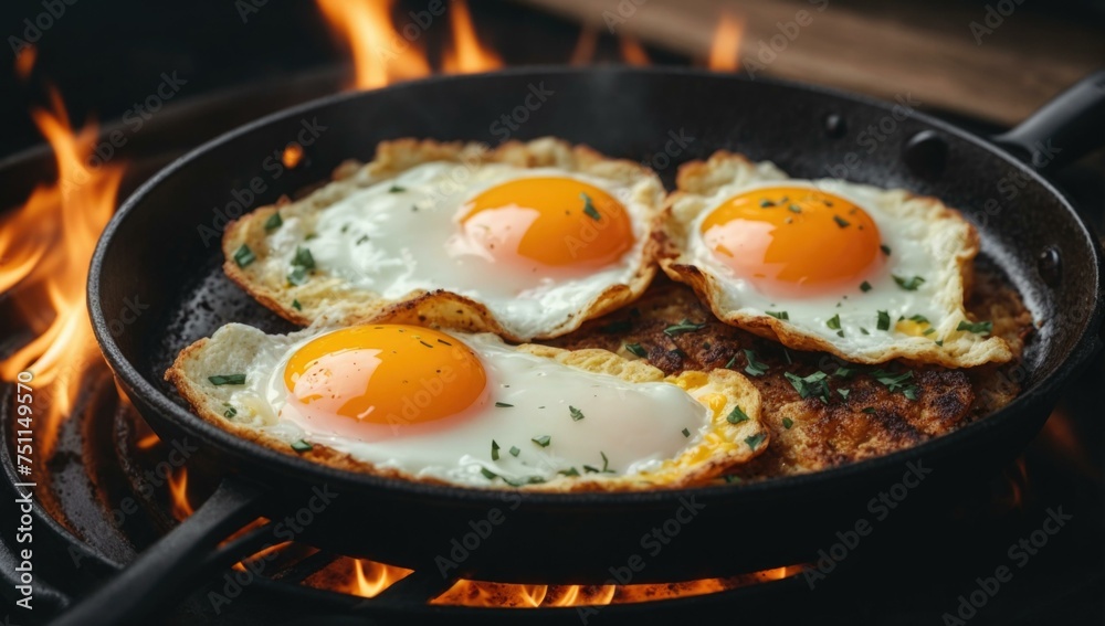 Fried eggs in a skillet on a grill. Generative AI. Fried eggs in a skillet on a grill. Generative AI.