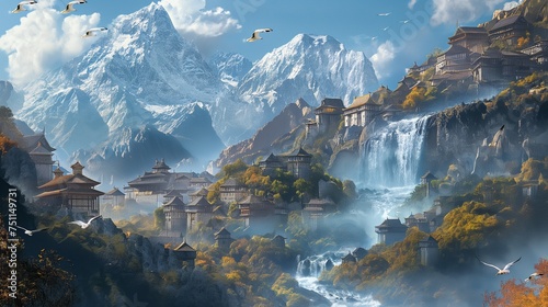 Capturing the spellbinding allure of streams descending from towering peaks, embracing charming villages, as graceful birds adorn the scene with their aerial ballet.