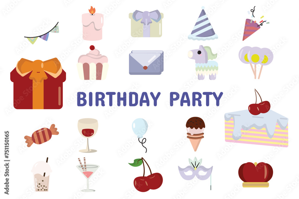 Birthday Party Flat Vector Illustration Icon Sticker Set Design Materials