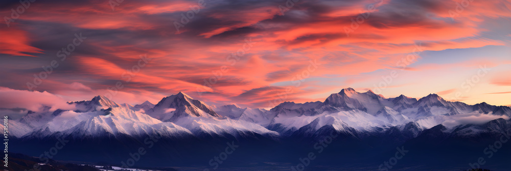 Majestic Sunrise Overture over Snow-capped Mountain Landscape with Hooded Forest Valley Accentuated by Reflective Lake