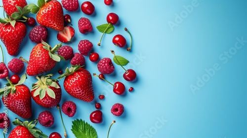strawberries, cherries and raspberries on a blue background