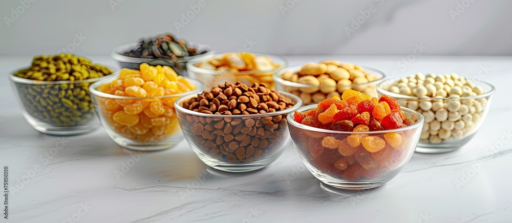 A group of glass bowls filled with various types of nuts such as almonds, walnuts, cashews, and pistachios arranged neatly on a white paper background.