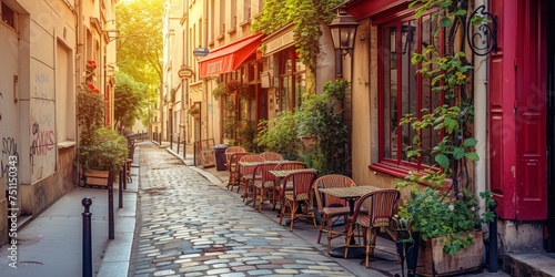 Charming Parisian street lined with quaint cafes and outdoor seating. © ckybe