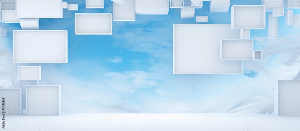 The image displays a smooth light blue wallpaper with an abstract texture design consisting of squares on a white background. Paper frames are present, showcasing art and illustrations, enhancing a The image displays a smooth light blue wallpaper with an abstract texture design consisting of squares on a white background. Paper frames are present, showcasing art and illustrations, enhancing a