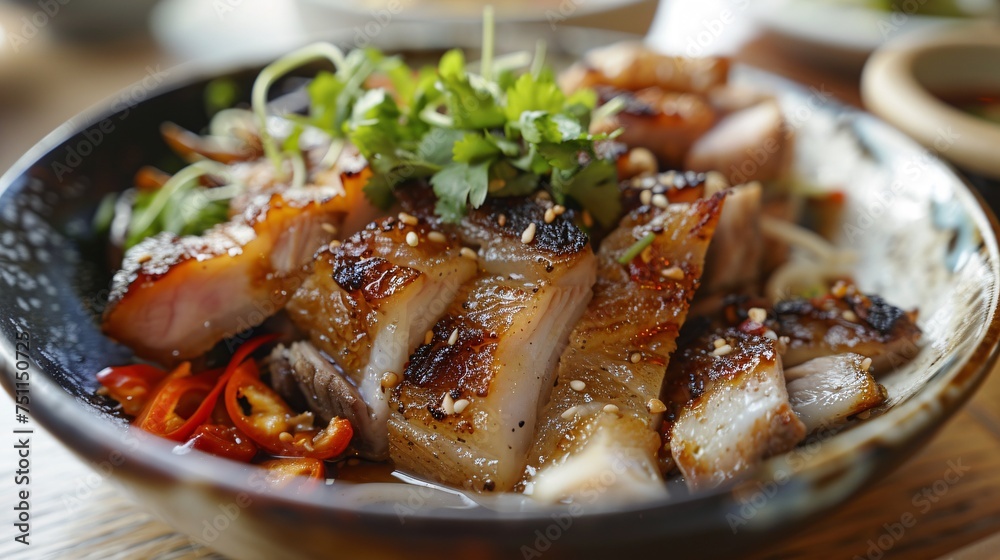 Sun-drenched crispy pork belly noodles. Sun-drenched crispy pork belly noodles.