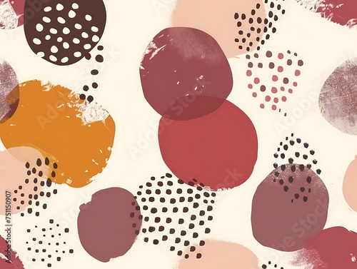 A hand-drawn doodle-style wallpaper background. Circular blocks and dots in deep red, yellow, and brown distributed on a white base. wallpaper design,presentations, banners, flyers, cover pages