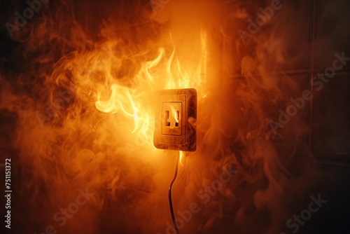 Electrical outlet and cord engulfed in flames and haze. photo
