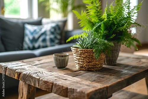Wooden coffee table with with houseplant