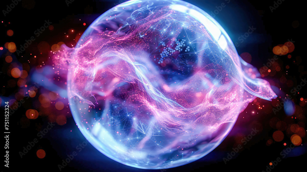 A sphere with a glowing core. The sphere is surrounded by a luminous ring A sphere with a glowing core. The sphere is surrounded by a luminous ring